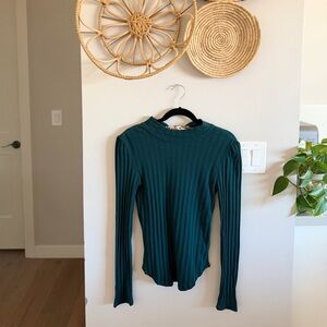 Free People Ribbed Long-Sleeve Mock Neck in Teal Green